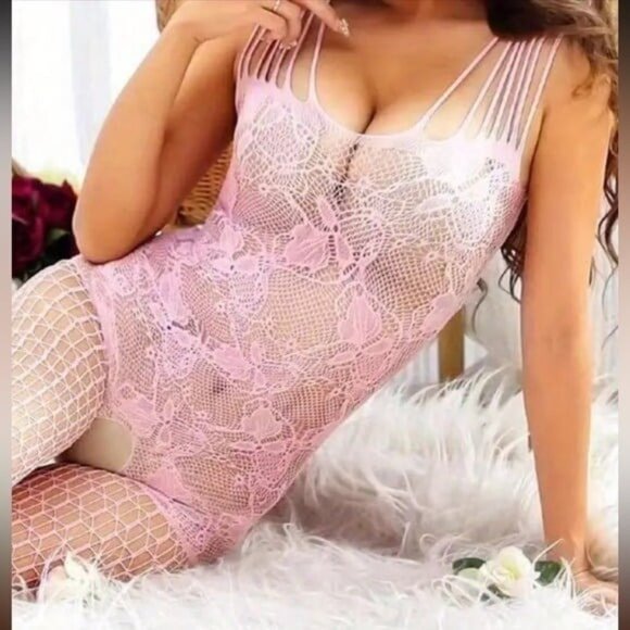 Light Pink Floral Pattern Fishnet Bodysuit - Picture 4 of 7
